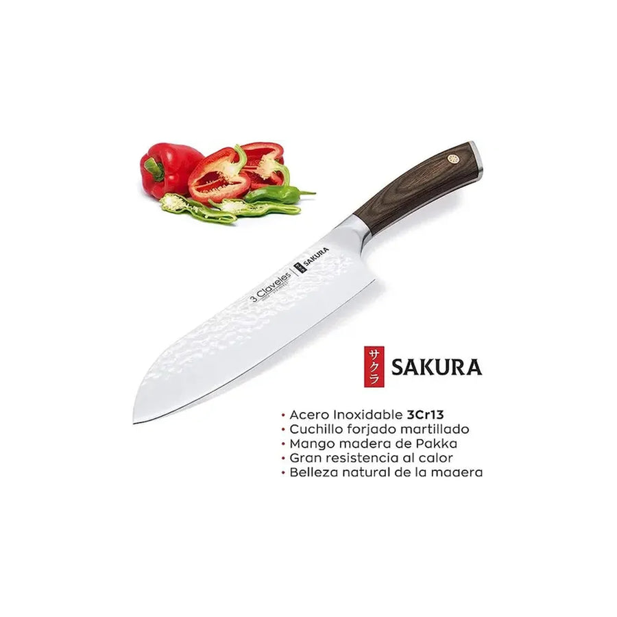 Cuchillo Santoku Sakura 3 Claveles Hoja Martillada Mango Madera + Grabado Personalizado
