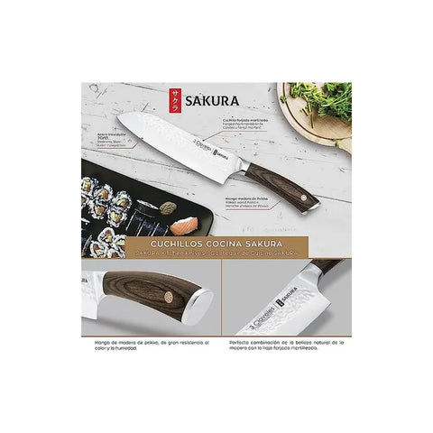 Cuchillo Santoku Sakura 3 Claveles Hoja Martillada Mango Madera + Grabado Personalizado