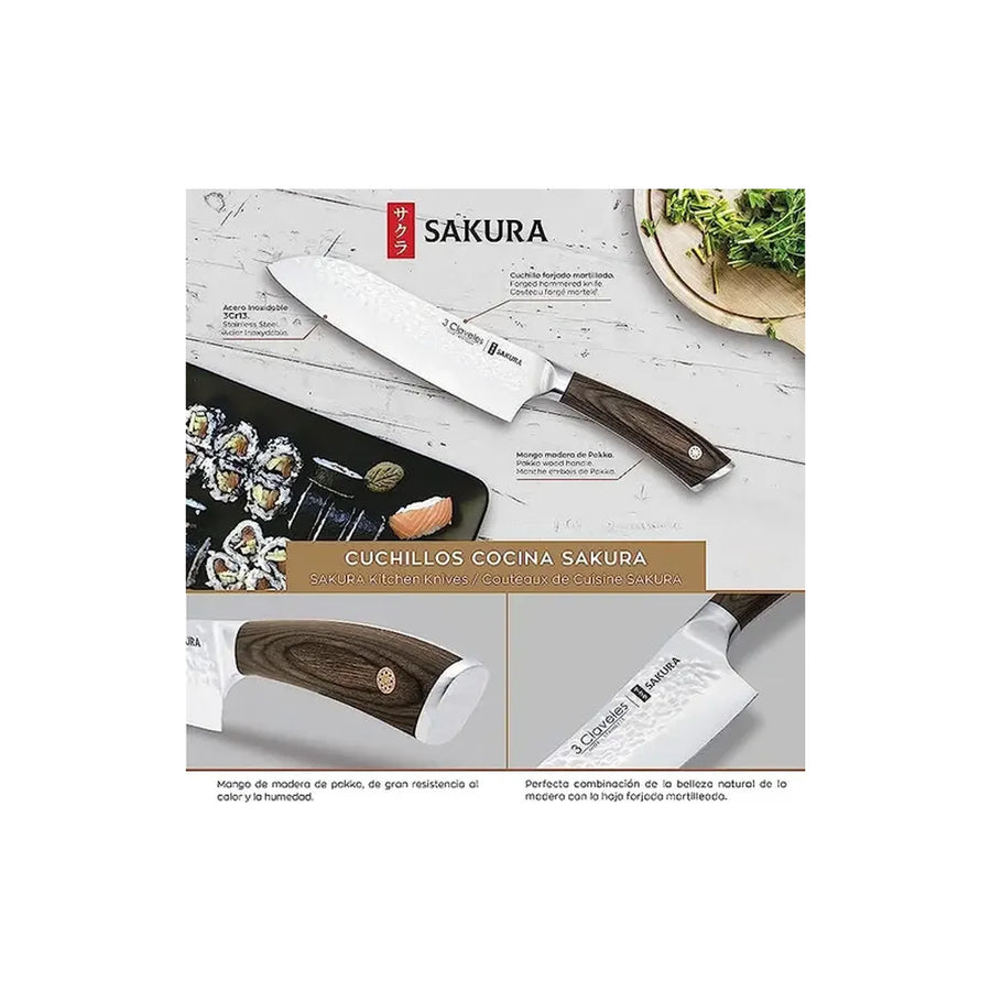 Cuchillo Santoku Sakura 3 Claveles Hoja Martillada Mango Madera + Grabado Personalizado