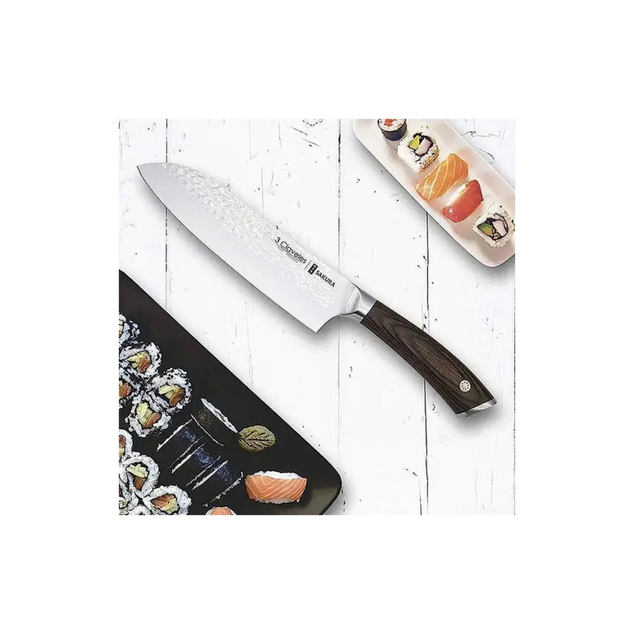 Cuchillo Santoku Sakura 3 Claveles Hoja Martillada Mango Madera + Grabado Personalizado