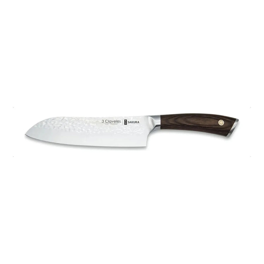 Cuchillo Santoku Sakura 3 Claveles Hoja Martillada Mango Madera + Grabado Personalizado