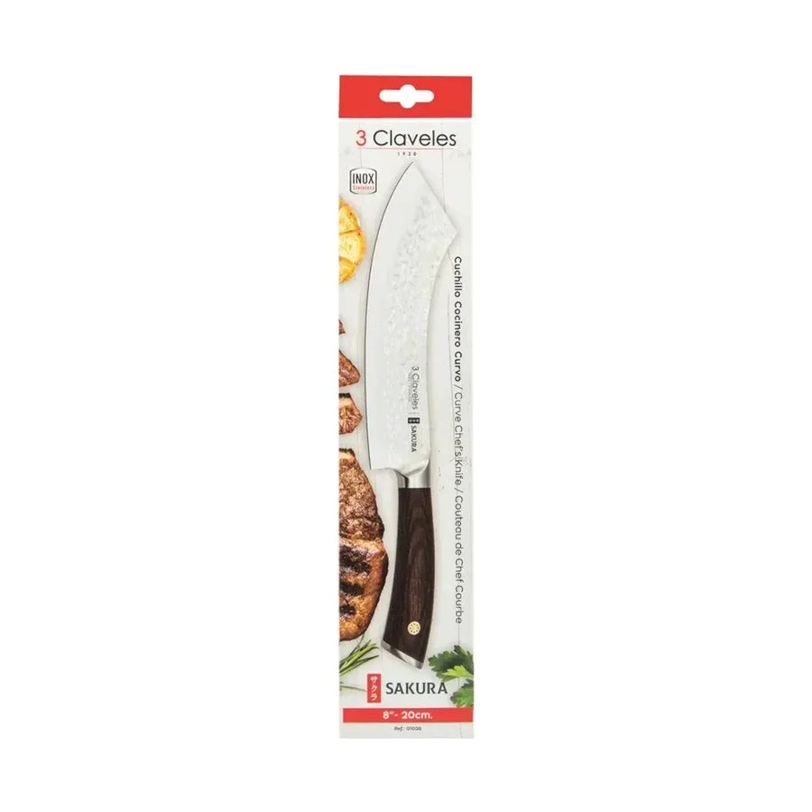 Cuchillo Cocinero Sakura 3 Claveles 20 cm Hoja Curva Forjado + Grabado Personalizado