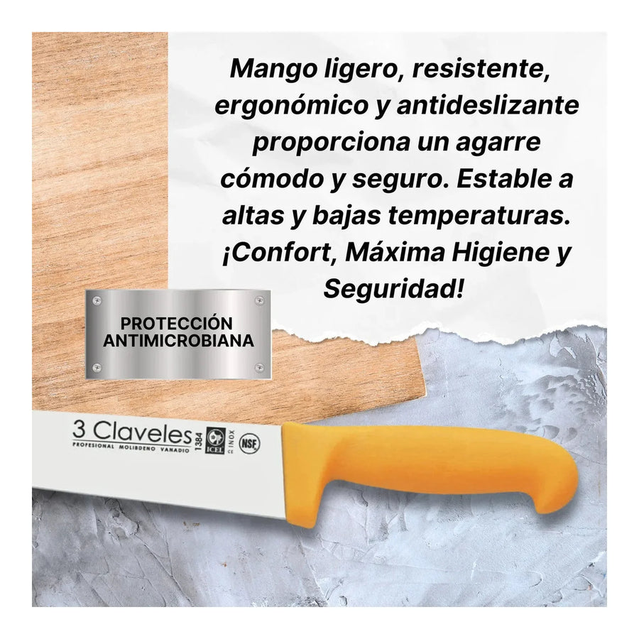 Cuchillo Carnicero 3 Claveles 20 cm Mango Amarillo 1384 + Grabado Personalizado