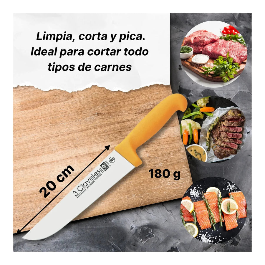 Cuchillo Carnicero 3 Claveles 20 cm Mango Amarillo 1384 + Grabado Personalizado