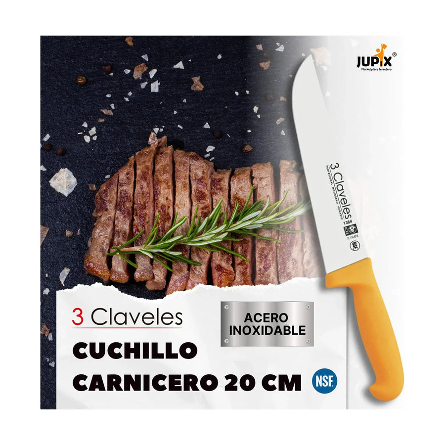 Cuchillo Carnicero 3 Claveles 20 cm Mango Amarillo 1384 + Grabado Personalizado