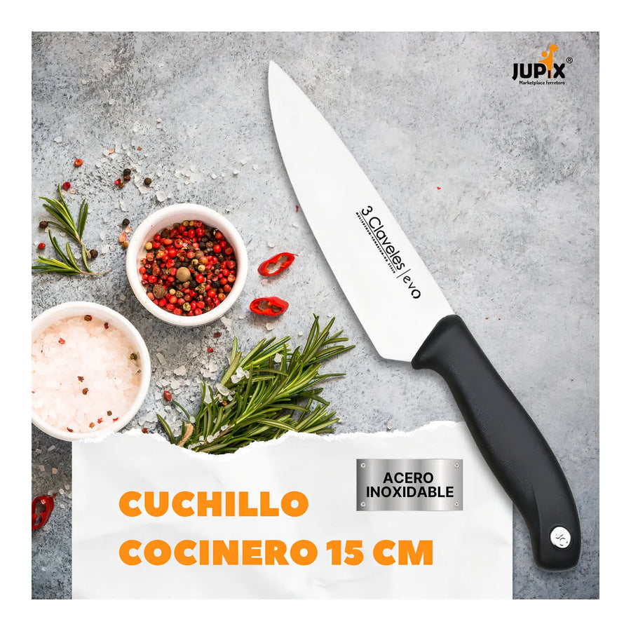 Cuchillo Chef 3 Claveles Evolucion 15 cm Acero Negro + Grabado Personalizado