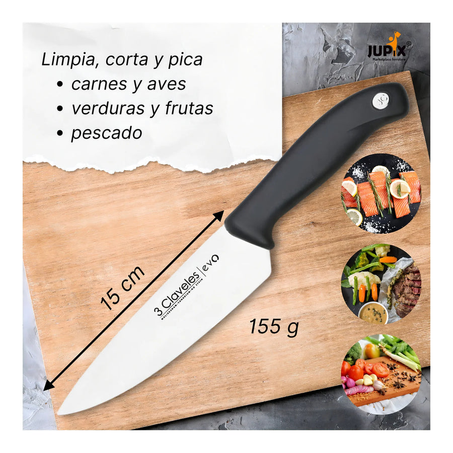 Cuchillo Chef 3 Claveles Evolucion 15 cm Acero Negro + Grabado Personalizado