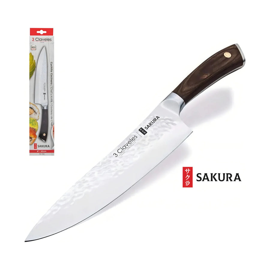 Cuchillo Chef 3 Claveles Sakura 20 cm Forjado Mango Marron + Grabado Personalizado