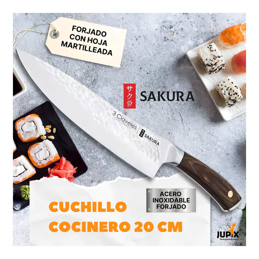 Cuchillo Chef 3 Claveles Sakura 20 cm Forjado Mango Marron + Grabado Personalizado