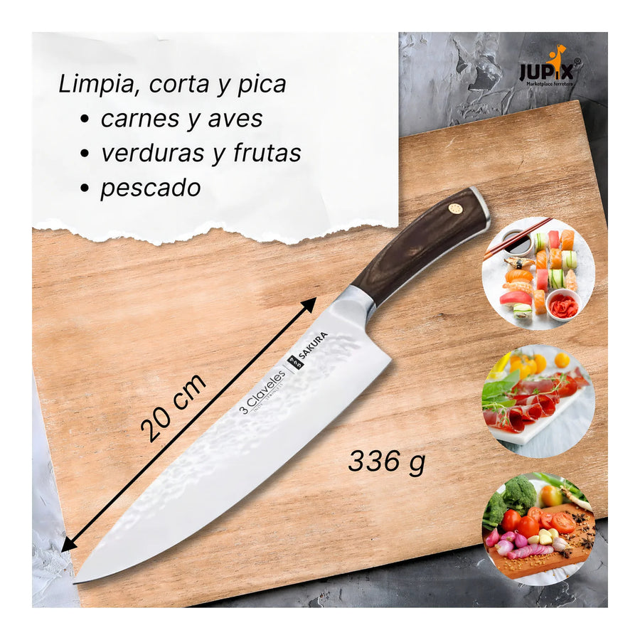 Cuchillo Chef 3 Claveles Sakura 20 cm Forjado Mango Marron + Grabado Personalizado