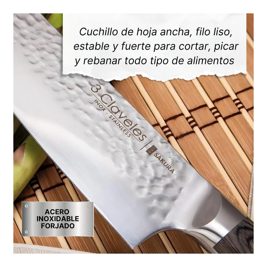 Cuchillo Chef 3 Claveles Sakura 20 cm Forjado Mango Marron + Grabado Personalizado