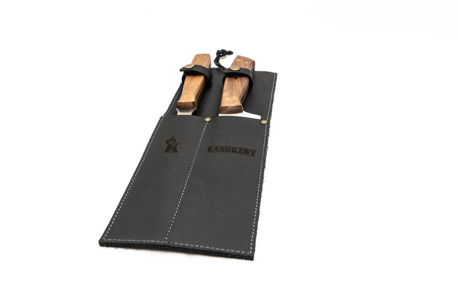 Set Parrillero Cuchillo + Tenedor Kangkawe Funda Cuero Negra + Grabado Personalizado