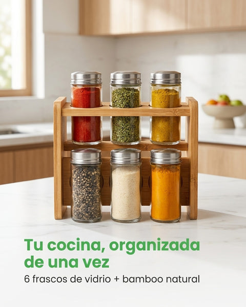 Especiero Condimentero 6 Frascos Cocina Bamboo Wayu Color Transparente