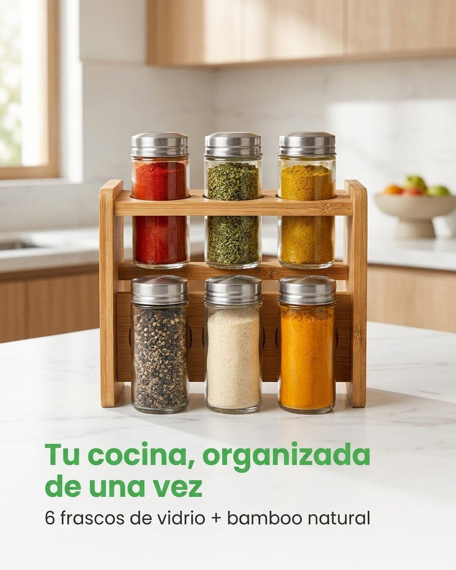 Especiero Condimentero 6 Frascos Cocina Bamboo Wayu Color Transparente