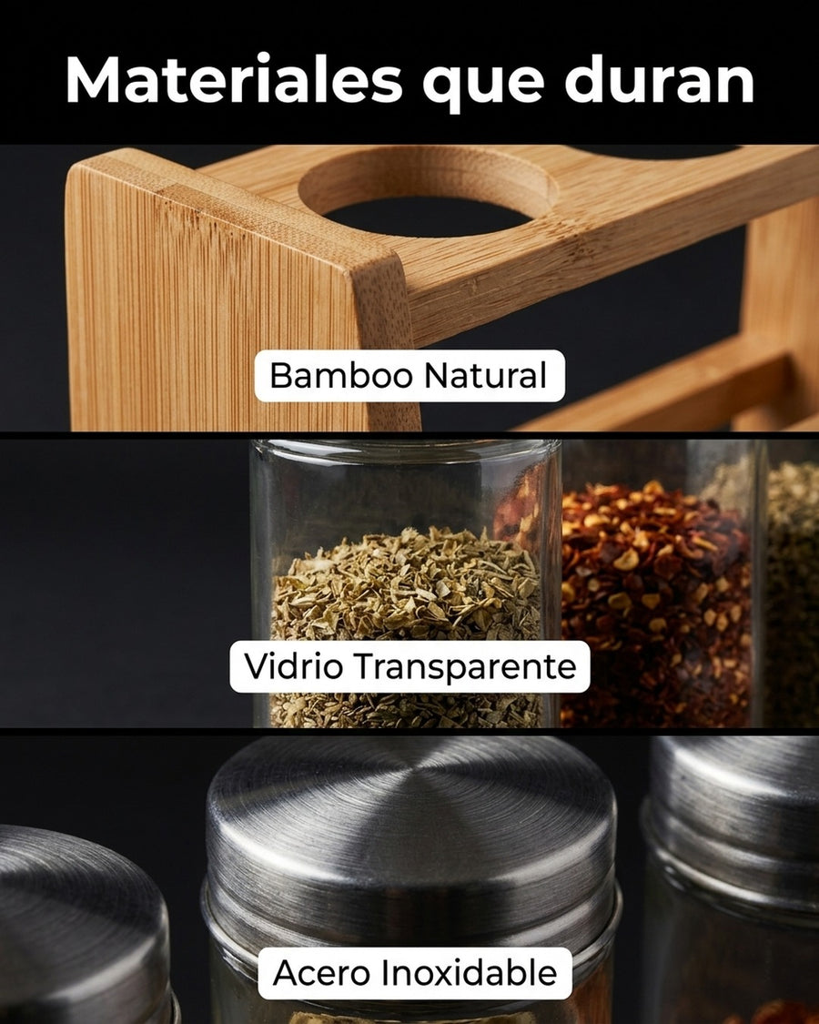 Especiero Condimentero 6 Frascos Cocina Bamboo Wayu Color Transparente