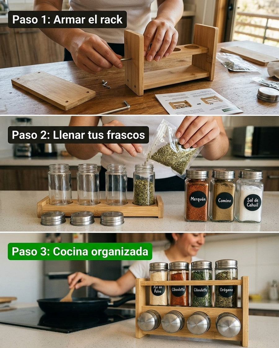 Especiero Condimentero 6 Frascos Cocina Bamboo Wayu Color Transparente