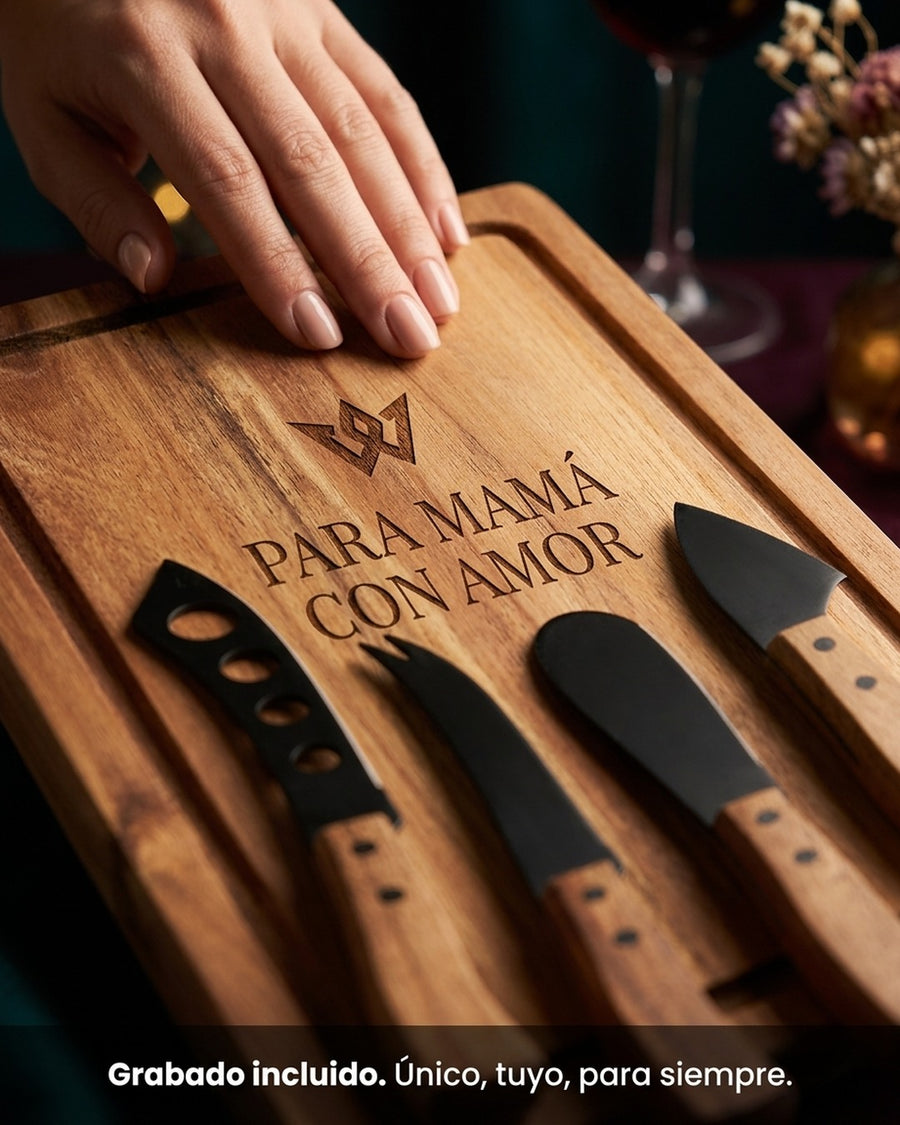 Tabla Para Aperitivos Wayu + 4 Cuchillos Quesos Premium + Grabado Personalizado