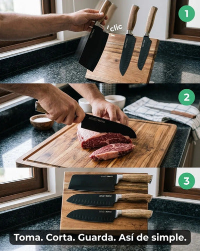 Block Magnético 3 Cuchillos Wayu Premium Limited Cocina Bbq + Grabado Personalizado