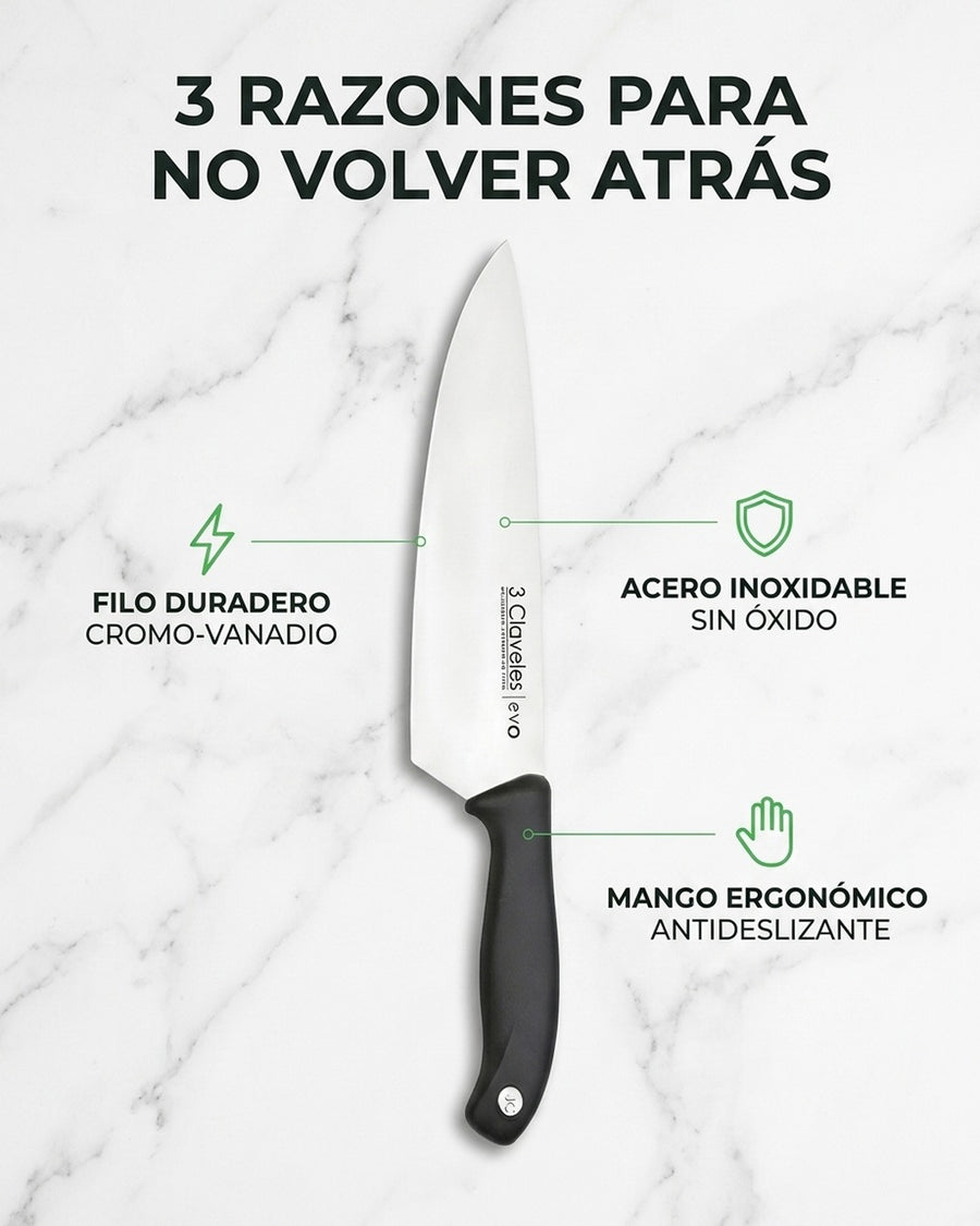 Cuchillo Tres Claveles Cocinero Evo 20 Cms 1357 Color Negro + Grabado Personalizado