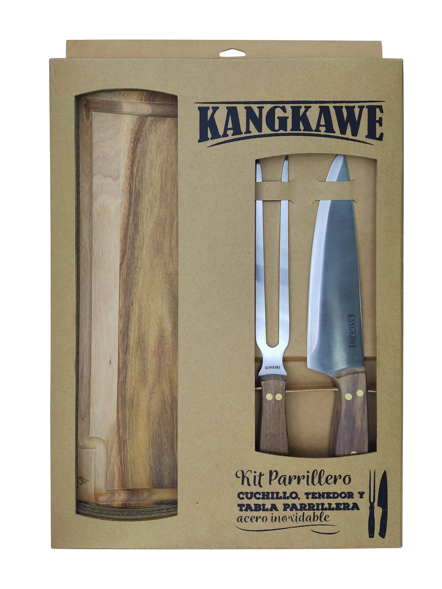 Set Parrillero Kangkawe Cuchillo Tenedor Tabla + Grabado Personalizado