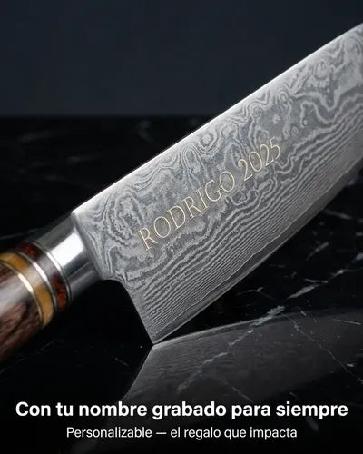 Cuchillo Acero Damasco Brown Wayu + Grabado Láser Chile