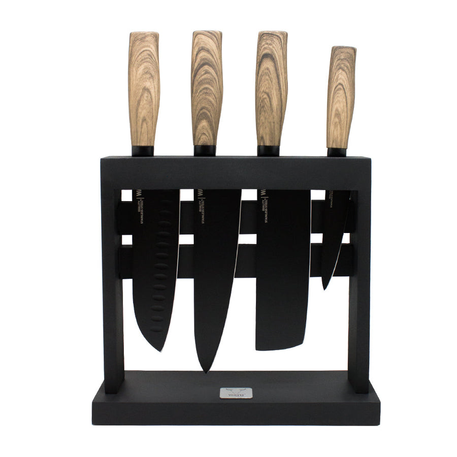 Block Soporte Para Cuchillos + Set 4pcs Wayu Asado Cocina + Grabado Personalizado