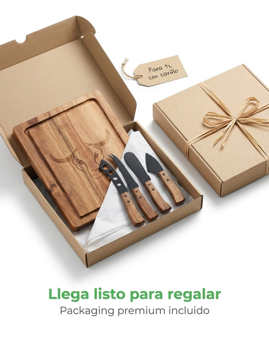 Tabla Para Aperitivos Wayu + 4 Cuchillos Quesos Premium + Grabado Personalizado