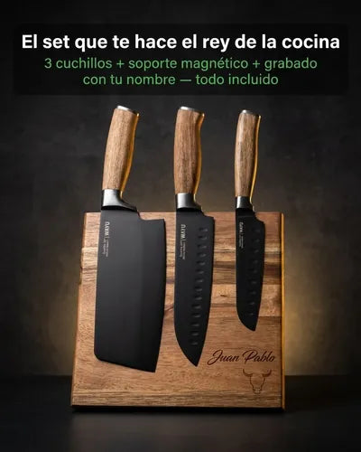 Block Magnético 3 Cuchillos Wayu Premium Limited Cocina Bbq + Grabado Personalizado