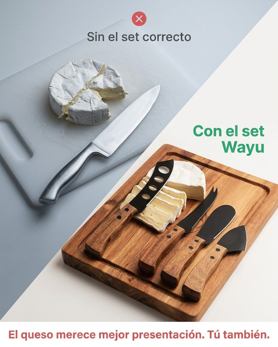 Tabla Para Aperitivos Wayu + 4 Cuchillos Quesos Premium + Grabado Personalizado