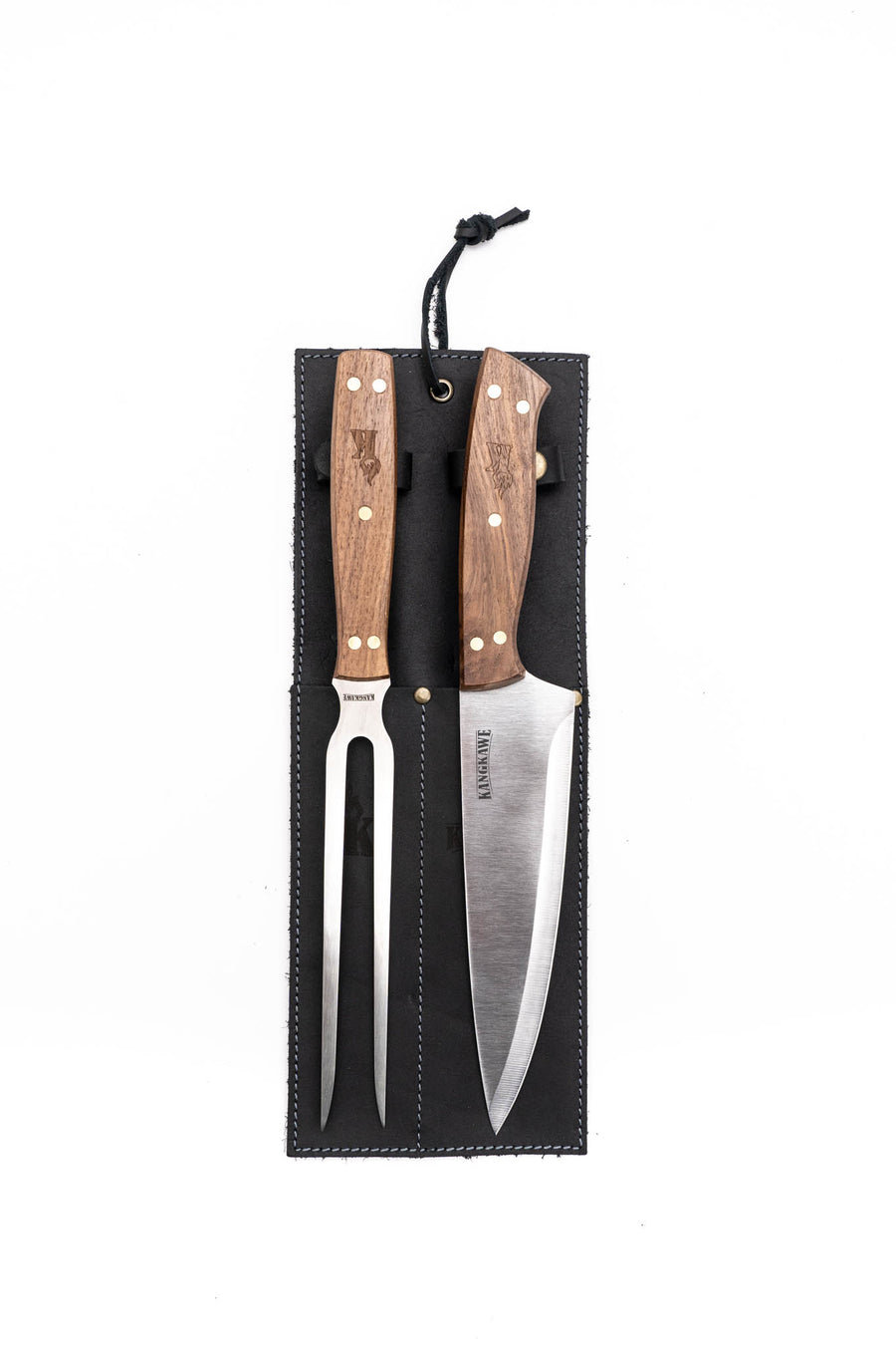 Set Parrillero Cuchillo + Tenedor Kangkawe Funda Cuero Negra + Grabado Personalizado