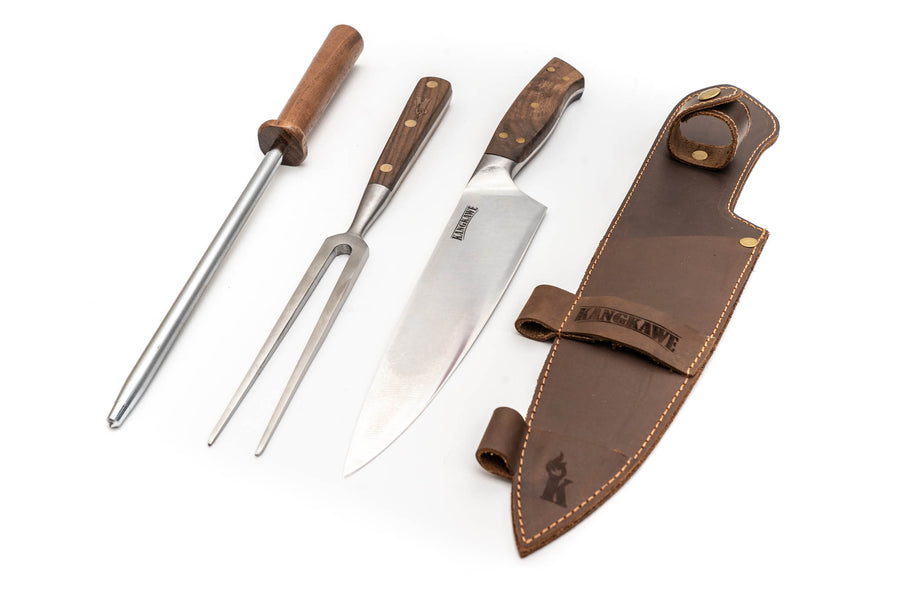 Trilogía en Cuero Kangkawe: Pincho Pro + Cuchillo Catemu + Astil + Grabado Láser