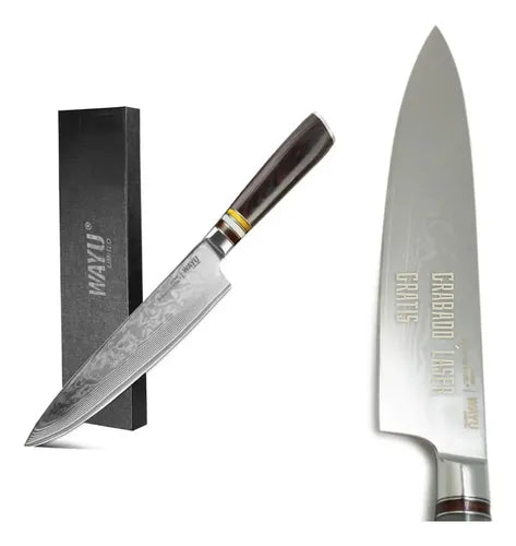 Cuchillo Acero Damasco Brown Wayu + Grabado Láser Chile