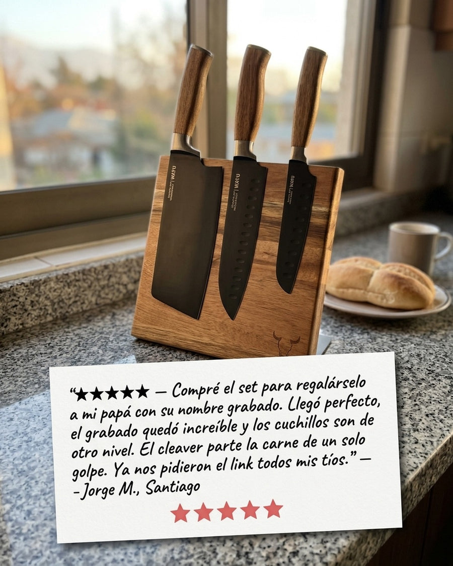 Block Magnético 3 Cuchillos Wayu Premium Limited Cocina Bbq + Grabado Personalizado