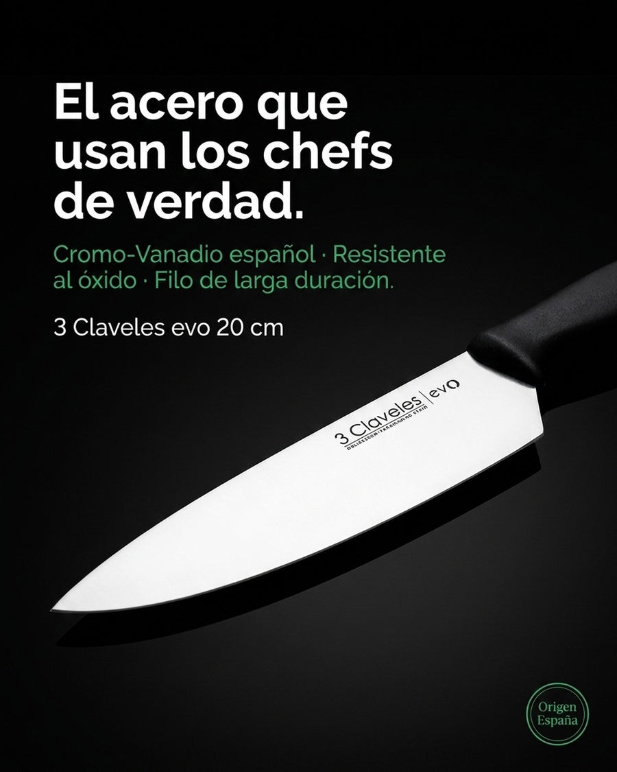 Cuchillo Tres Claveles Cocinero Evo 20 Cms 1357 Color Negro + Grabado Personalizado