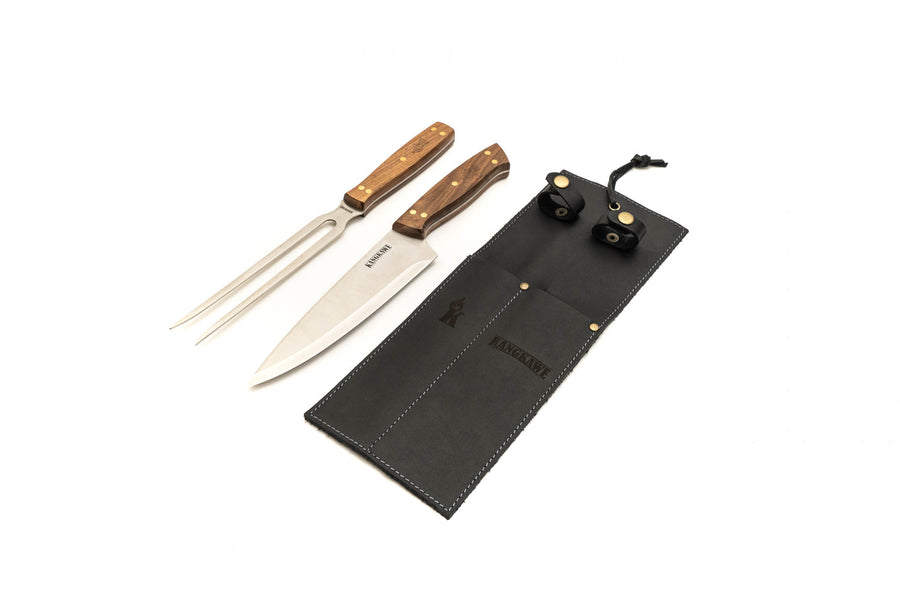 Set Parrillero Cuchillo + Tenedor Kangkawe Funda Cuero Negra + Grabado Personalizado