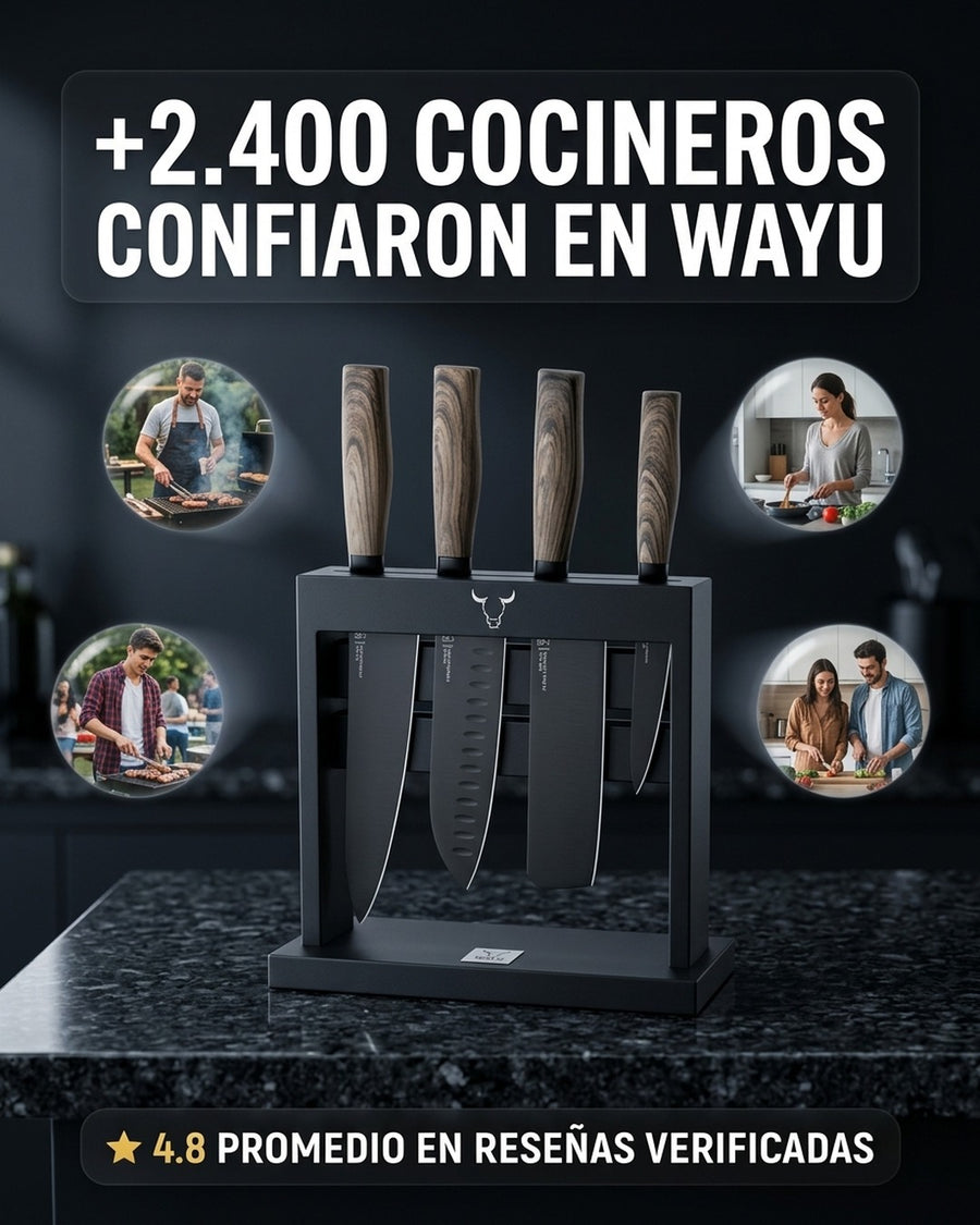 Block Soporte Para Cuchillos + Set 4pcs Wayu Asado Cocina + Grabado Personalizado