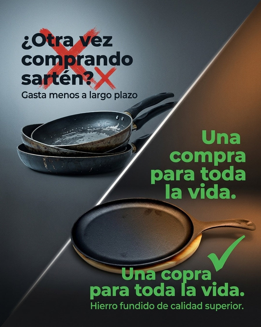Sartén Ovalado Hierro Fundido Con Base Madera