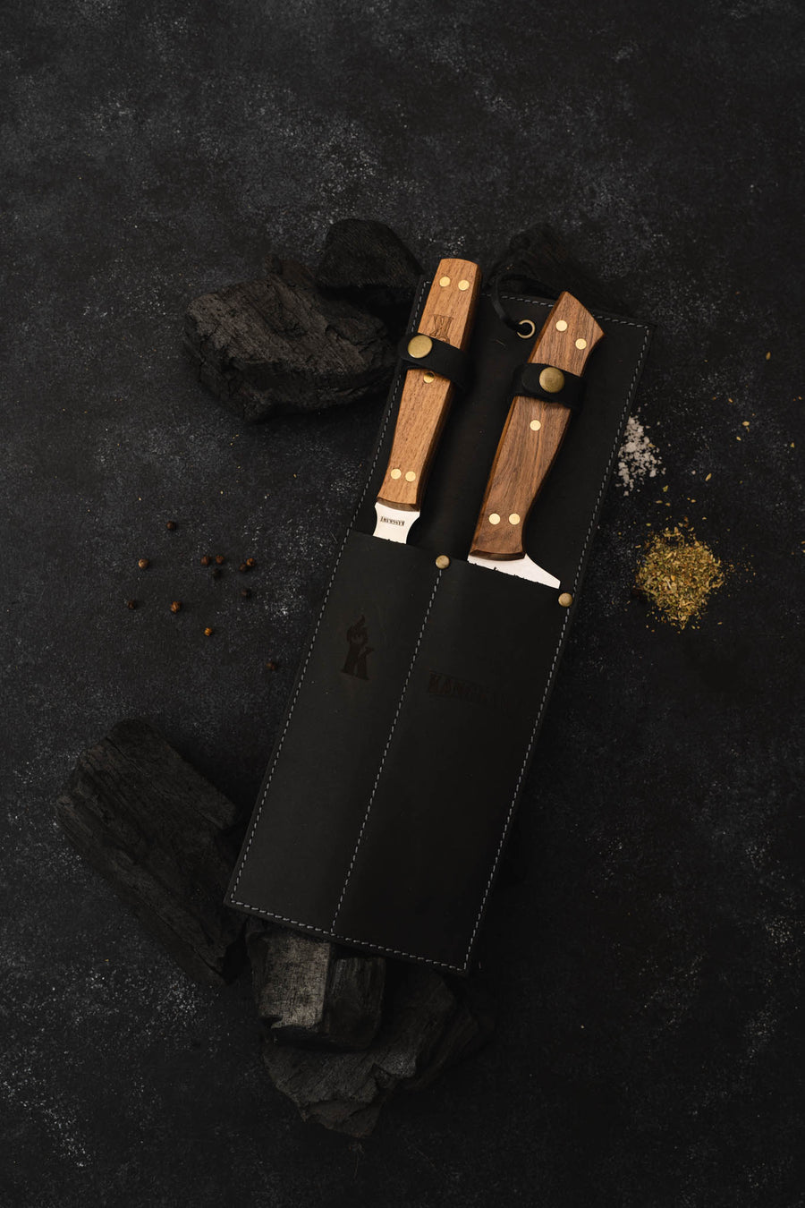 Set Parrillero Cuchillo + Tenedor Kangkawe Funda Cuero Negra + Grabado Personalizado