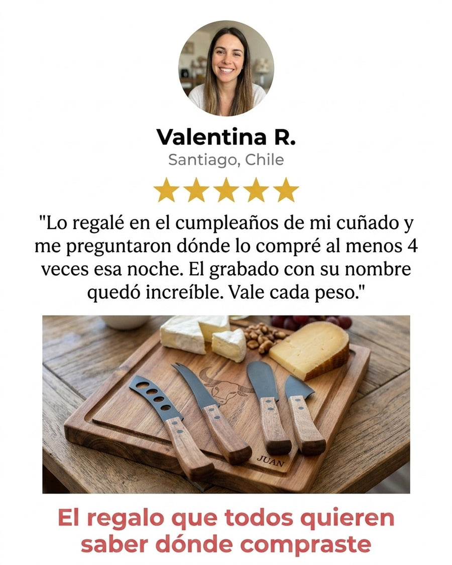 Tabla Para Aperitivos Wayu + 4 Cuchillos Quesos Premium + Grabado Personalizado