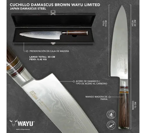 Cuchillo Acero Damasco Brown Wayu + Grabado Láser Chile