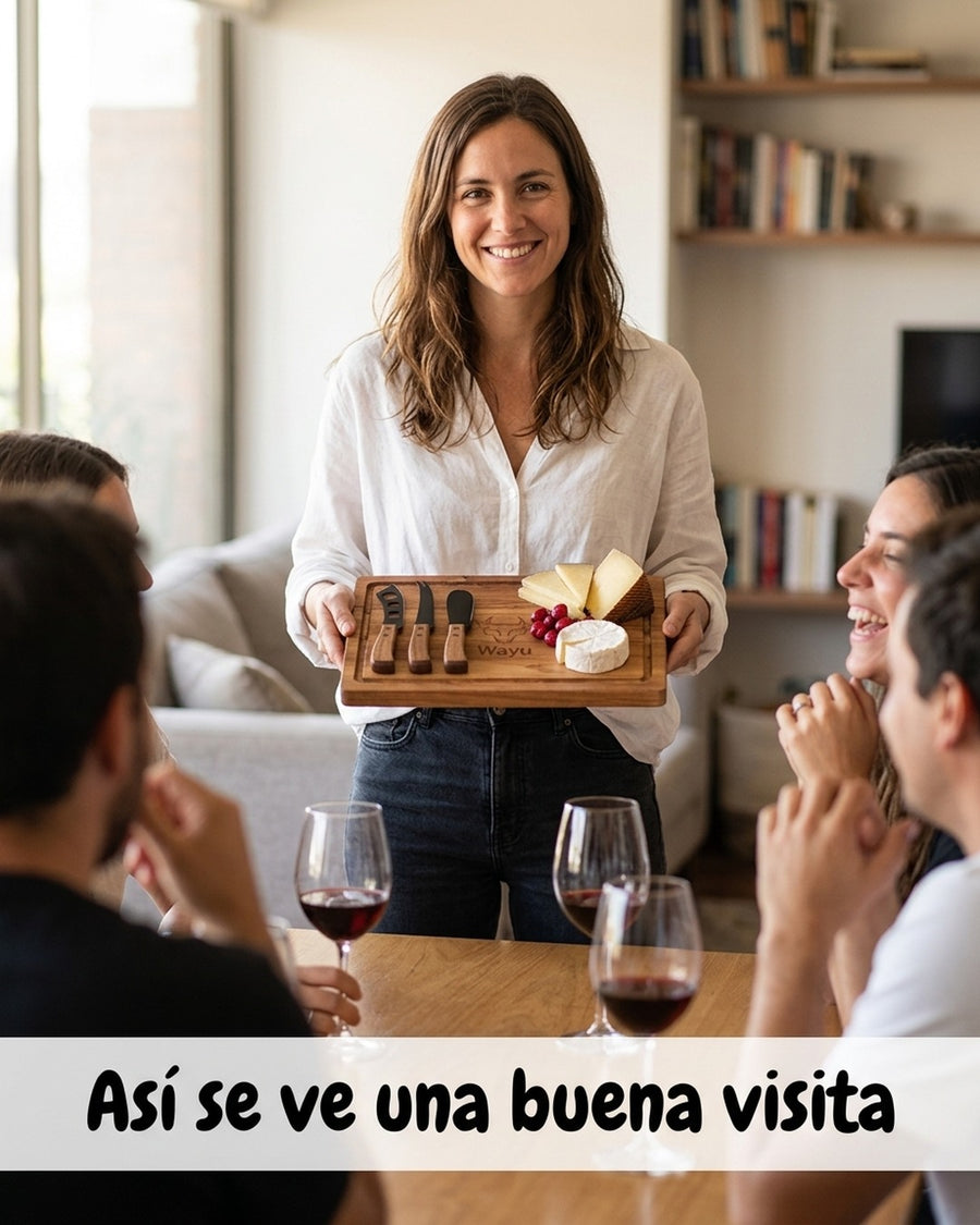Tabla Para Aperitivos Wayu + 4 Cuchillos Quesos Premium + Grabado Personalizado