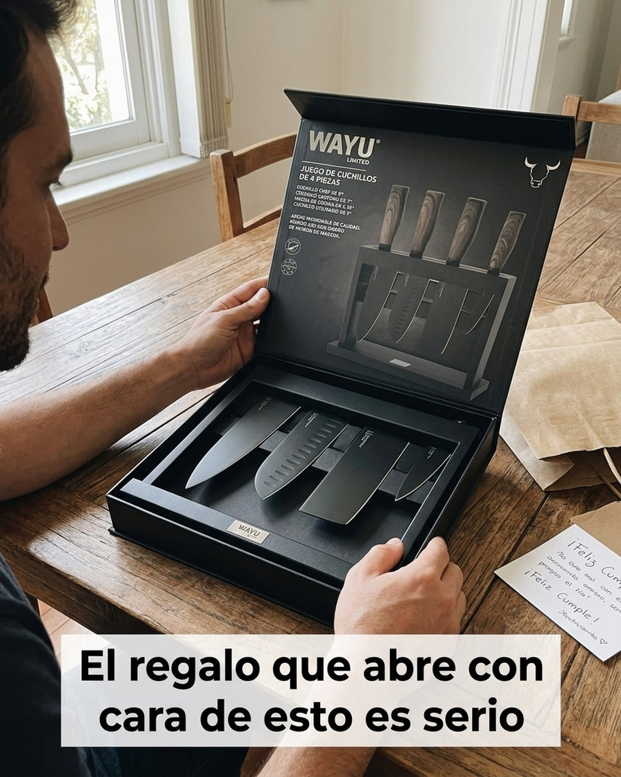 Block Soporte Para Cuchillos + Set 4pcs Wayu Asado Cocina + Grabado Personalizado