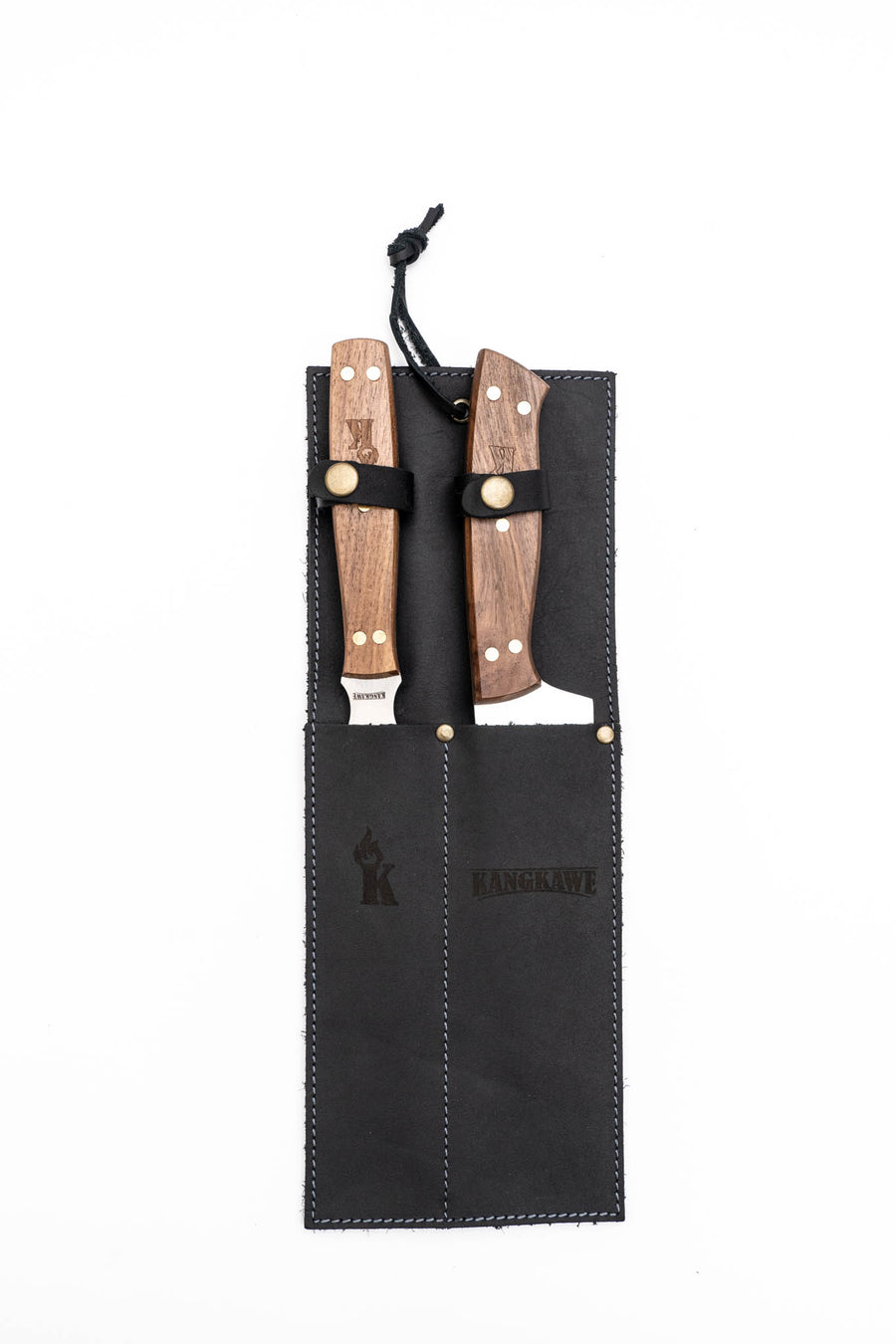 Set Parrillero Cuchillo + Tenedor Kangkawe Funda Cuero Negra + Grabado Personalizado