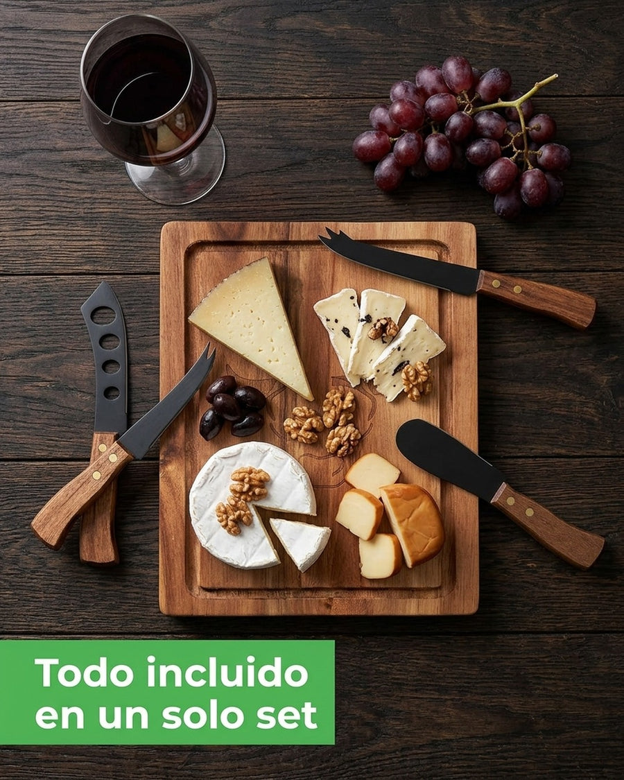 Tabla Para Aperitivos Wayu + 4 Cuchillos Quesos Premium + Grabado Personalizado