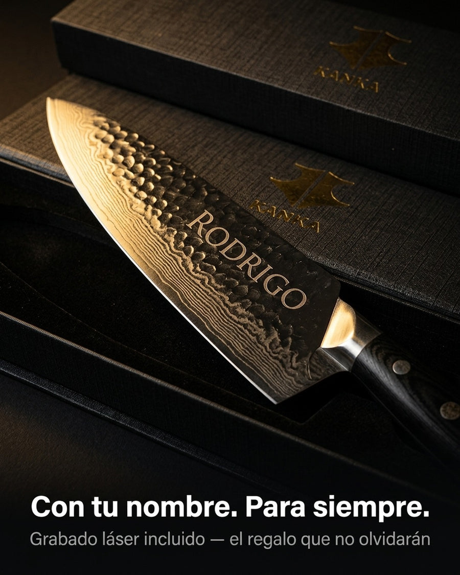 Cuchillo Acero Damasco Martillado XL 10 Pulgadas + Grabado Láser