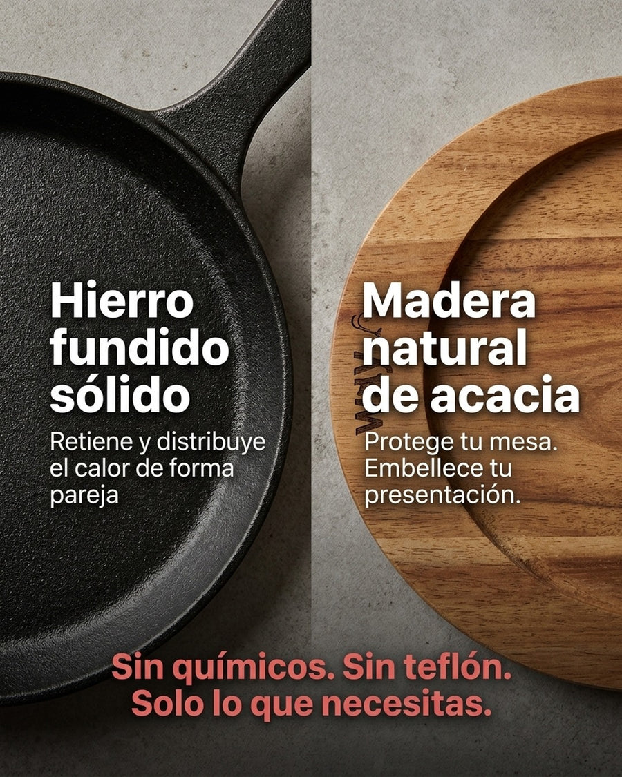 Sartén Ovalado Wayu Hierro Fundido Con Base Madera Fierro
