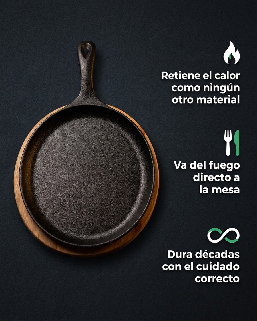 Sartén Ovalado Hierro Fundido Con Base Madera