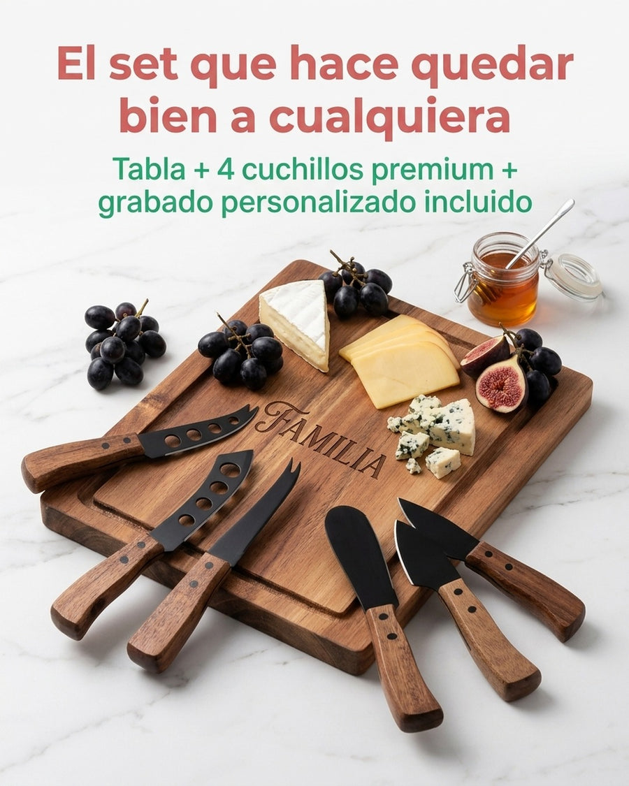 Tabla Para Aperitivos Wayu + 4 Cuchillos Quesos Premium + Grabado Personalizado