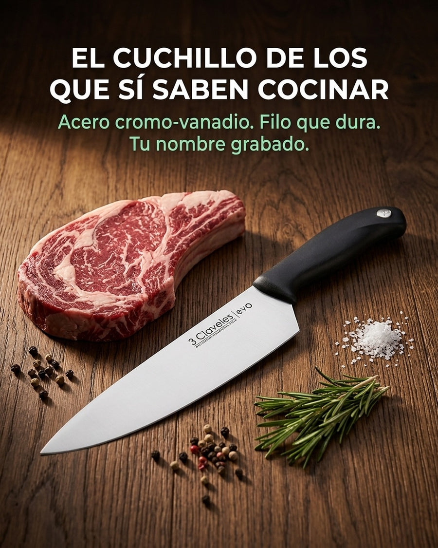Cuchillo Tres Claveles Cocinero Evo 20 Cms 1357 Color Negro + Grabado Personalizado