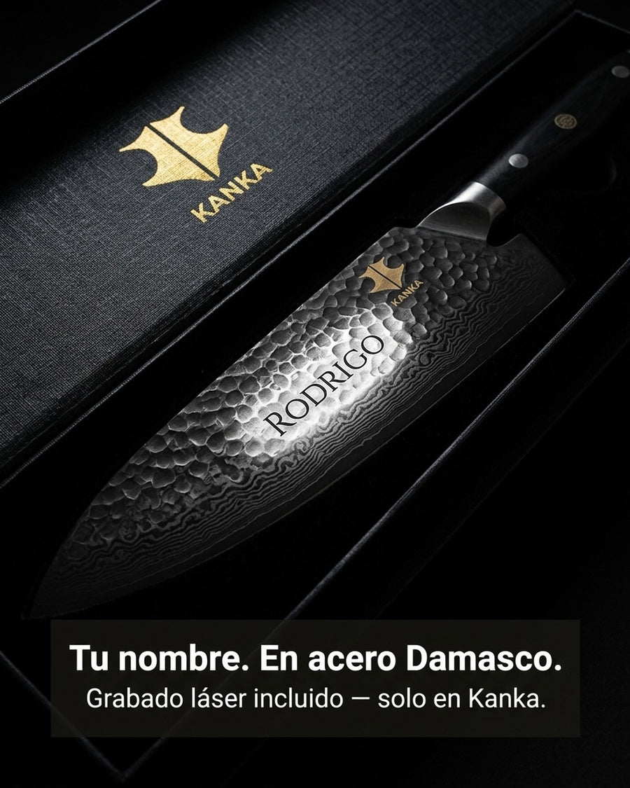Cuchillo Acero Damasco Martillado 8 Pulgadas + Grabado Láser